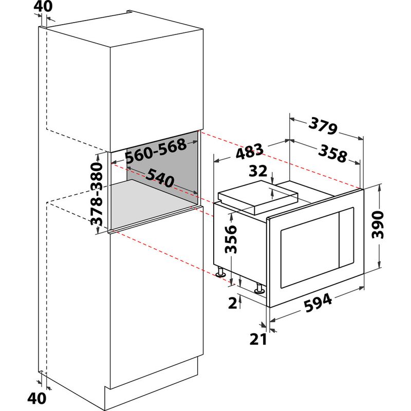 Whirlpool Microondas Encastre WMF250G Inox Electrónico 25 MW + Función Grill 900 Technical drawing