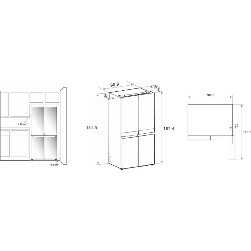 Whirlpool Side-by-Side Libre instalación WQ9 B2L Inox Look Technical drawing