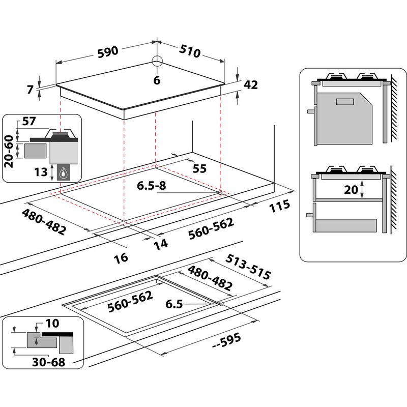 Whirlpool Encimera GOWL 628/NB Negro Gas Technical drawing