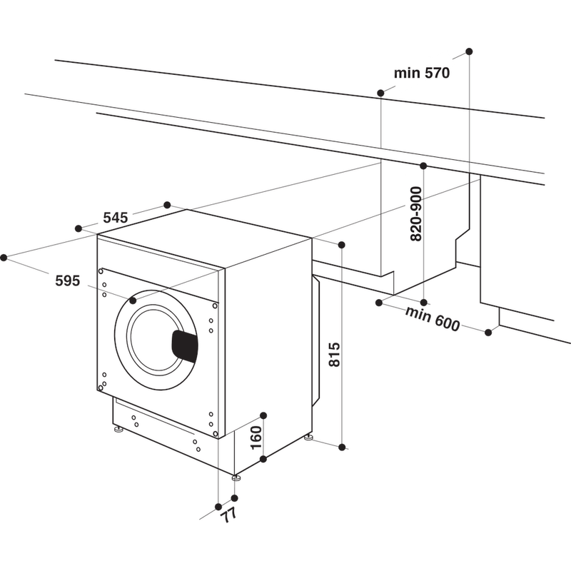 Whirlpool Lavadora secadora Encastre BI WDWG 751482 EU N Blanco Cargador frontal Technical drawing